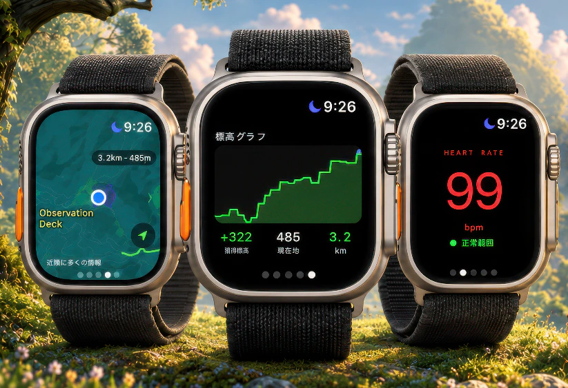 yamagoの地図・標高グラフ・心拍を表示する3台のApple Watch